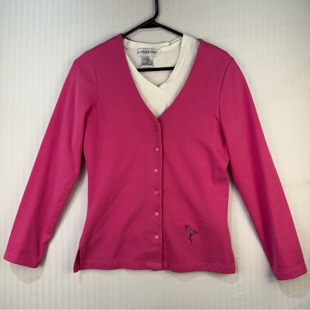 VTG Shirt & Cardigan Set Pink Flamingos Beaded Embroidered Small Coastal Grandma
